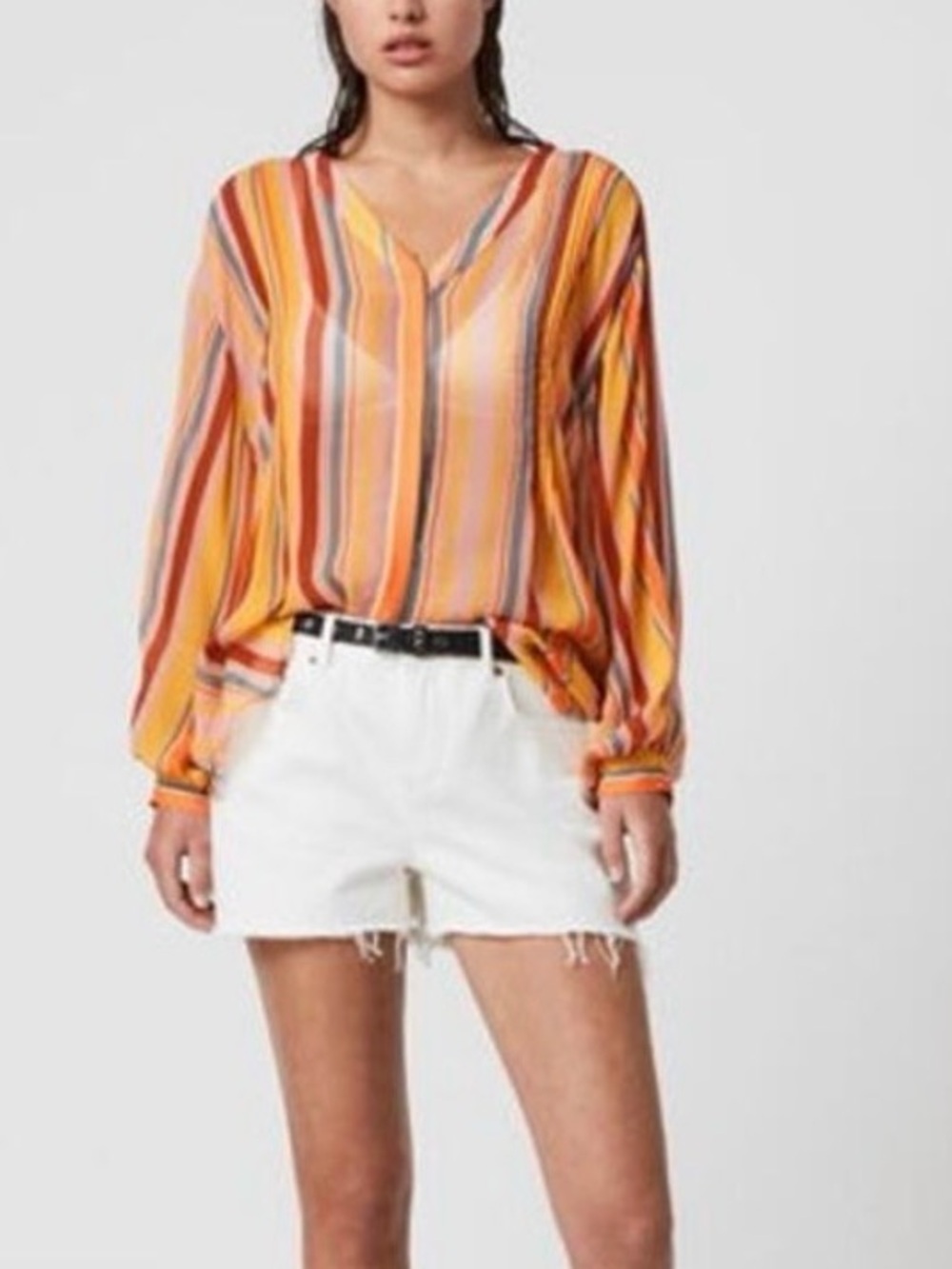 All Saints Striped Yellow, Pink & Rust Button-Down Blouse